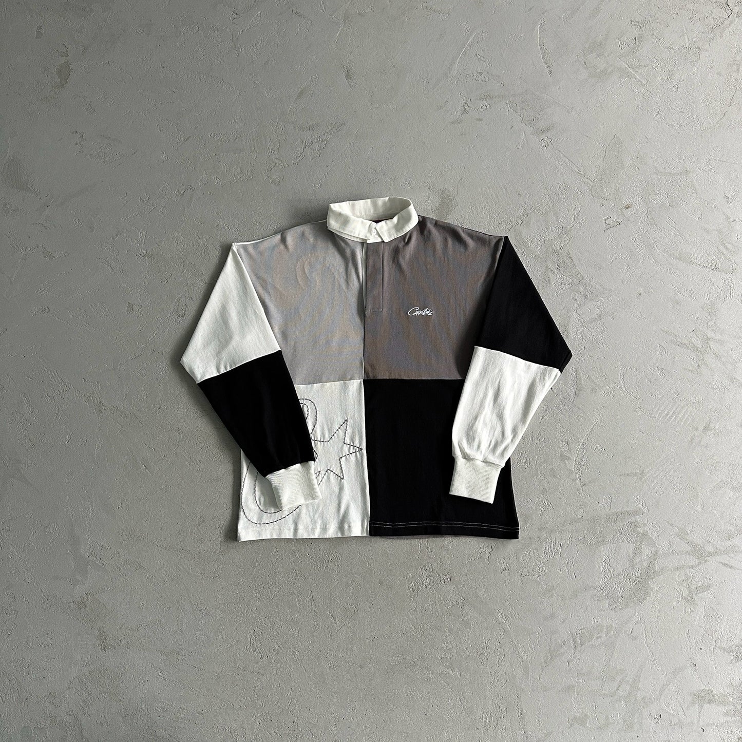 Color Block Polo Long Sleeve Shirt-Black Gray