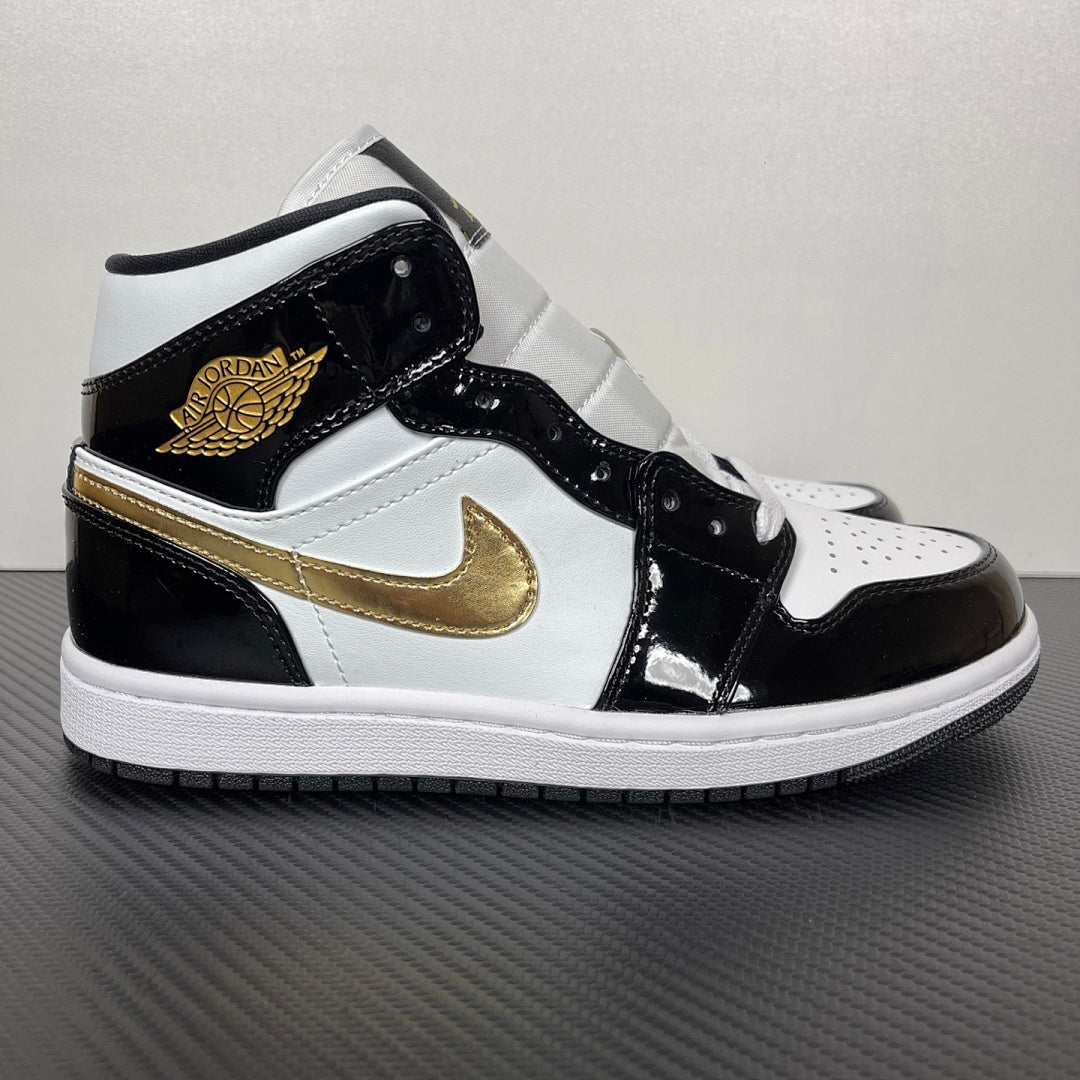 AJ1 MID Patent Black White Gold