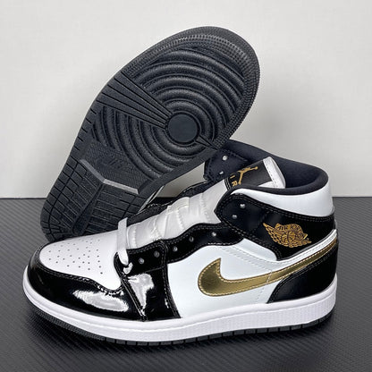AJ1 MID Patent Black White Gold