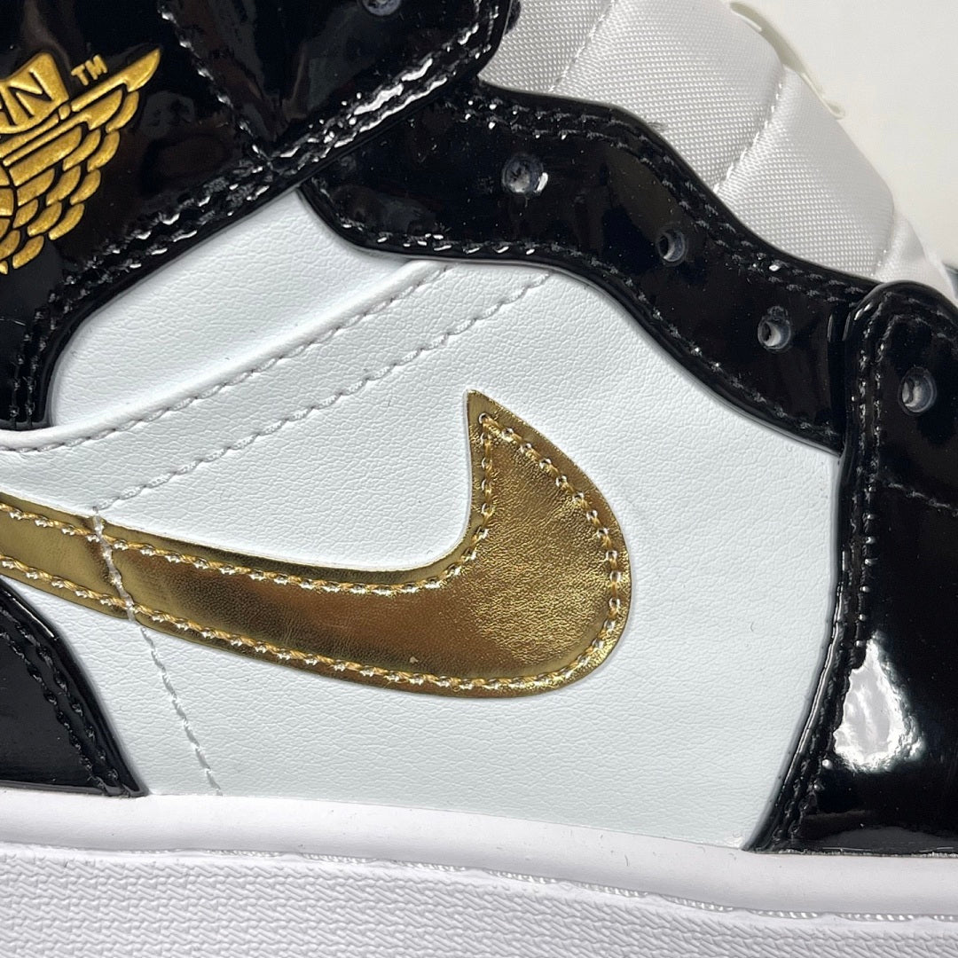 AJ1 MID Patent Black White Gold